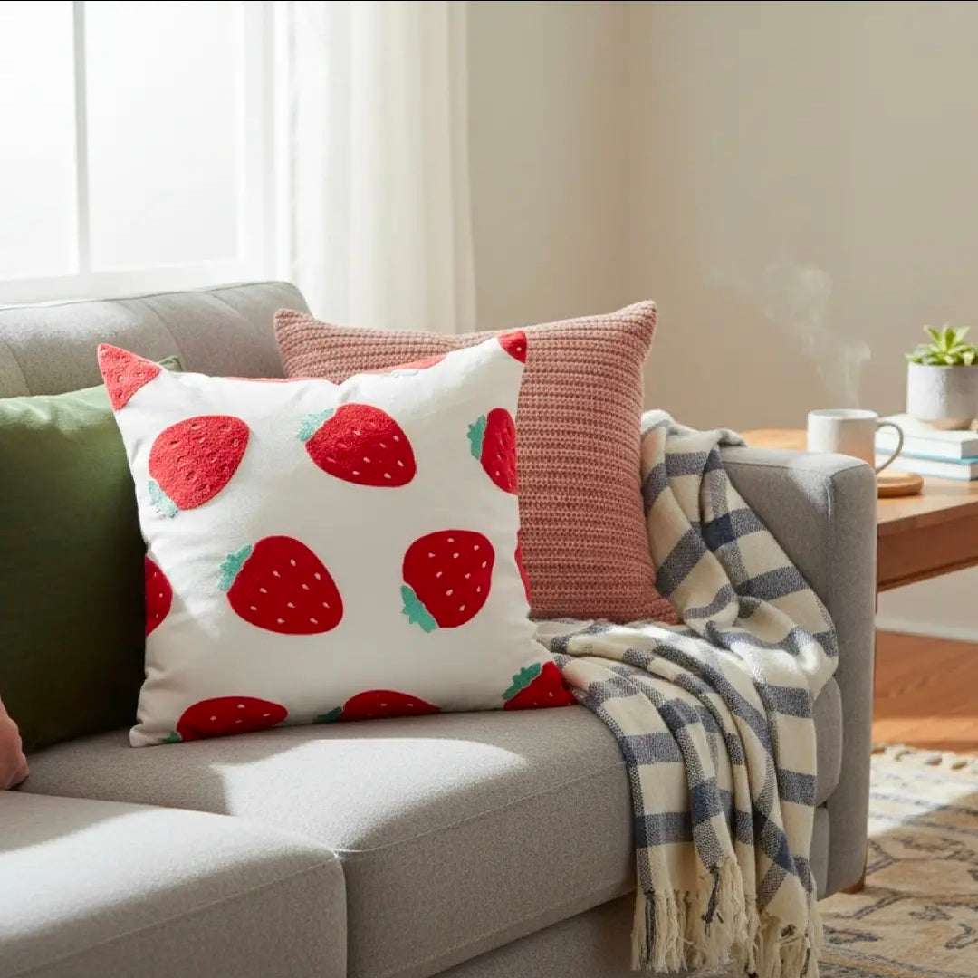 Cotton Embroidered Pillow- Big Strawberries
